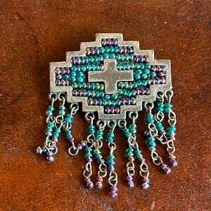 Chico's Blue Purple Beaded Tasseled Southwest Style Brooch Signed